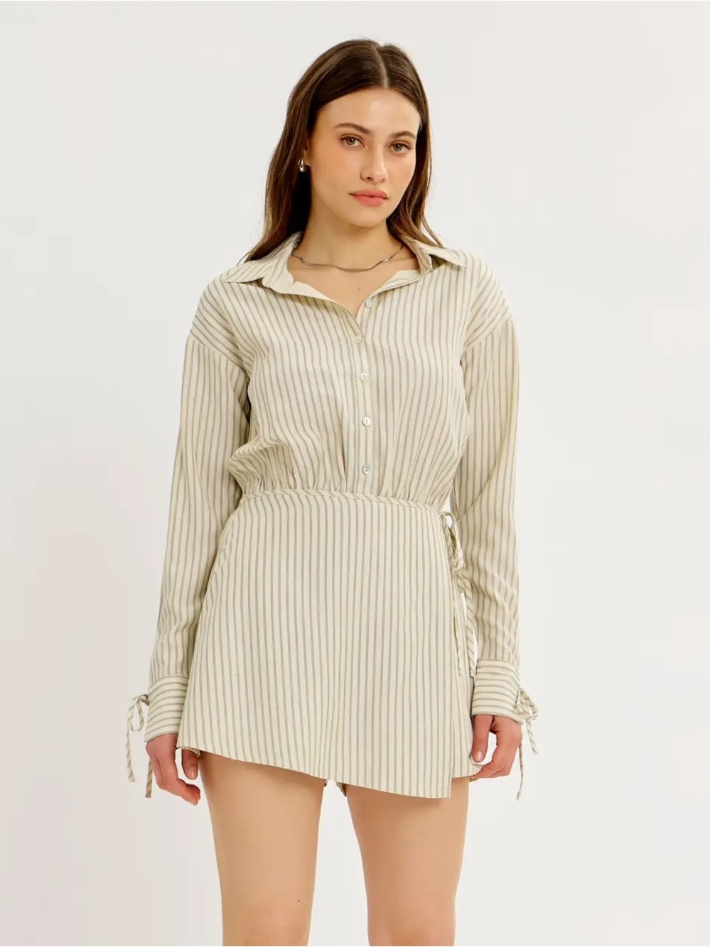 Button Front Stripe Romper with Skirt Overlay - 614